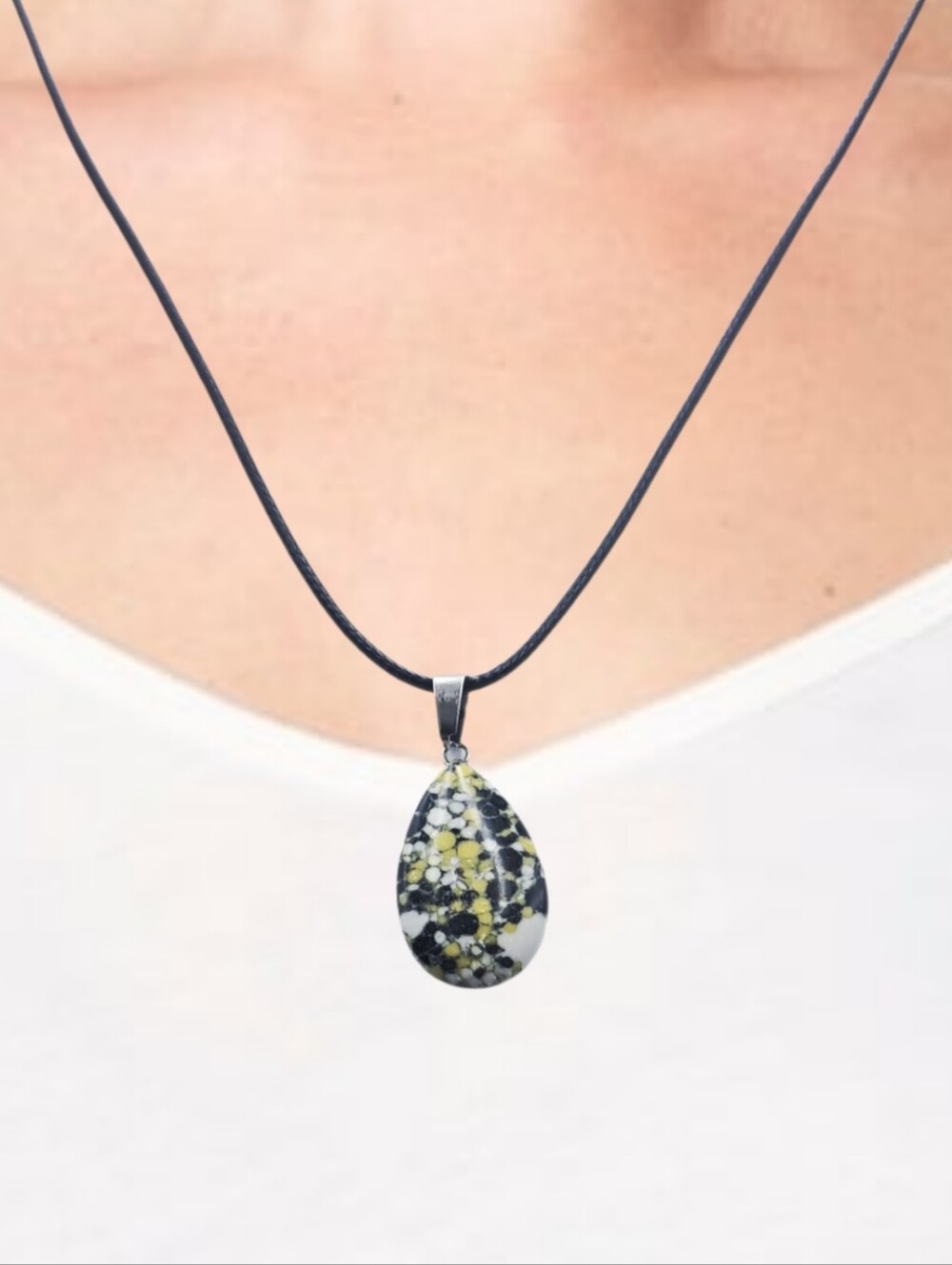 Natural Yellow & Black Mottled Teardrop Stone Pendant w/ Cord Necklace NWOT